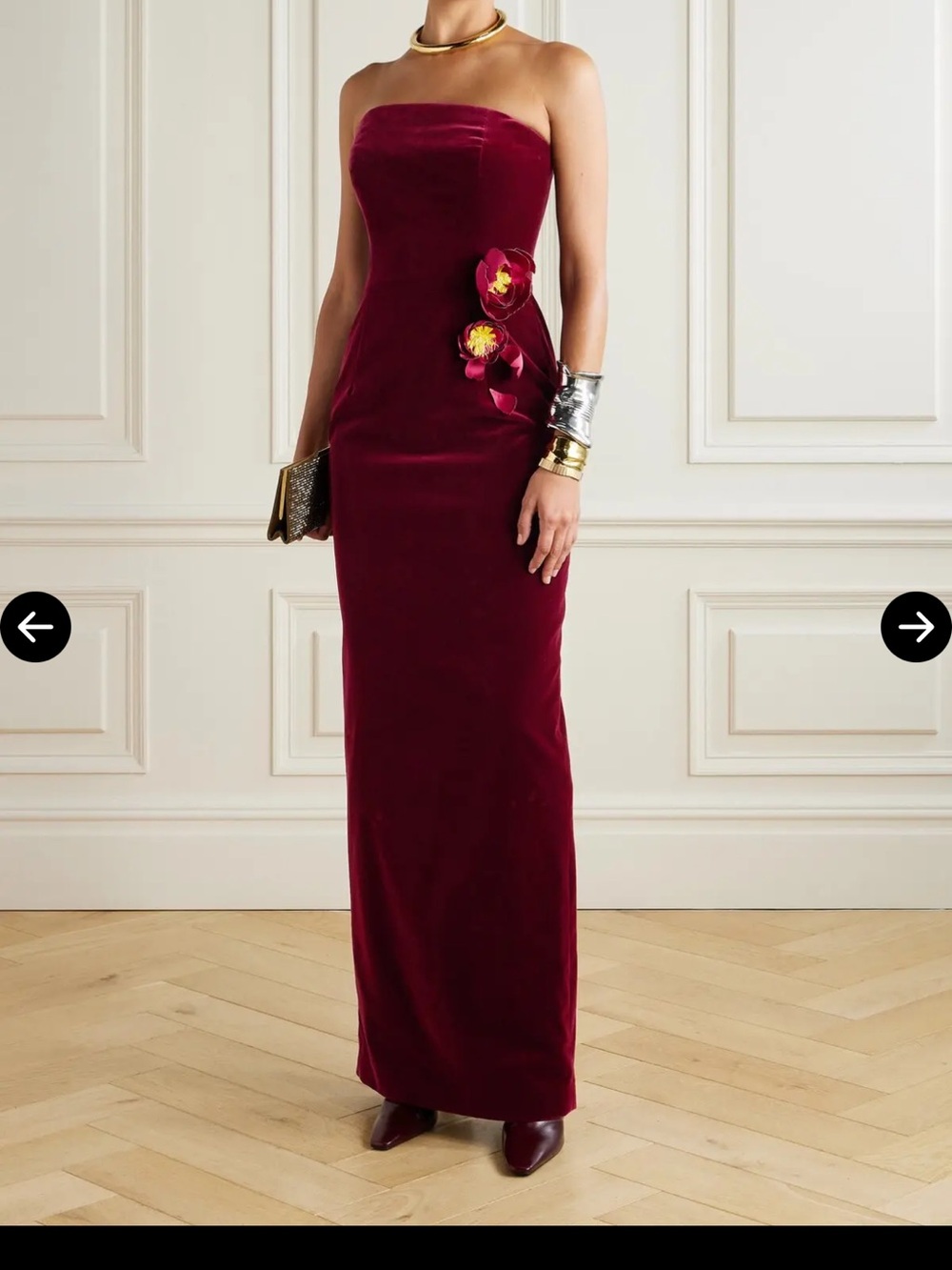 Oscar de la Renta Strapless Burgundy Velvet Gown with Floral Appliqué